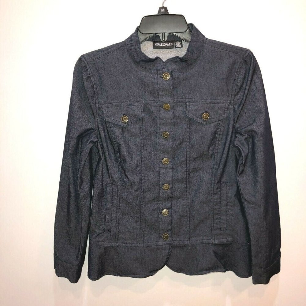 Nina Leonard Womens Small Dark Wash Long Sleeve Button Front Denim Jean Jacket - Picture 4 of 10